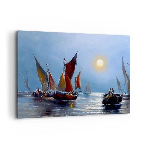 Cuadro sobre lienzo - Impresión de Imagen - Barcos con velas en aguas tranquilas al atardecer - 100x70cm - Pesca nocturna - Decoración de pared moderna para salón y dormitorio ARTTOR