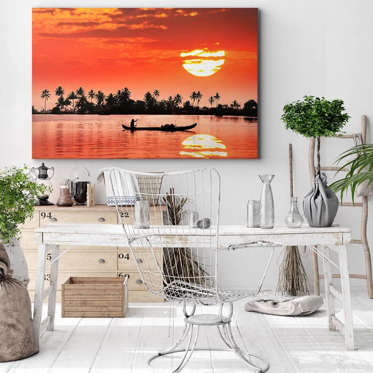 Cuadro sobre lienzo - Impresión de Imagen - Atardecer tropical con un barco y palmeras al fondo - 120x80cm - La paz de los trópicos al atardecer - Decoración de pared moderna para salón y dormitorio ARTTOR