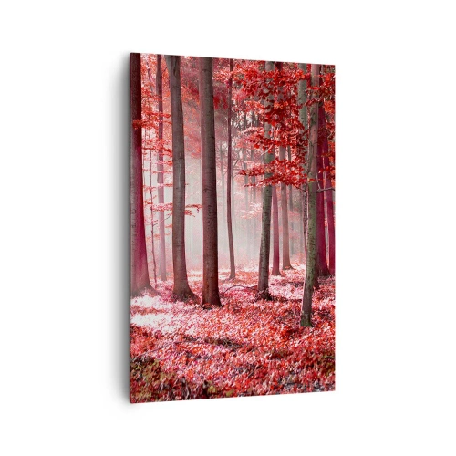 Cuadro sobre lienzo - Impresión de Imagen - Un impresionante bosque en tonos rojos con rayos de luz que penetran a través de los árboles. - 80x120cm - Rojo como el que más - Decoración de pared moderna para salón y dormitorio ARTTOR