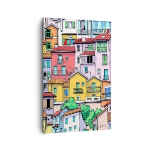 Cuadro sobre lienzo - Impresión de Imagen - Casas de vecindad coloridas en un estilo animado y alegre - 80x120cm - Ciudad alegre - Decoración de pared moderna para salón y dormitorio ARTTOR