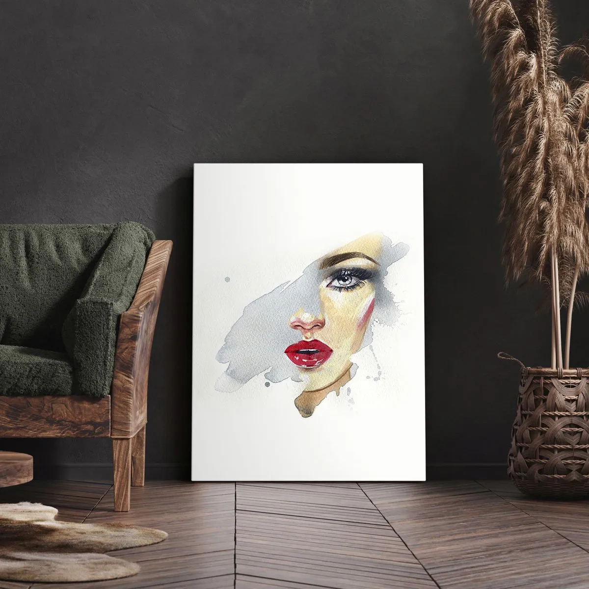 Cuadro sobre lienzo - Impresión de Imagen - Un retrato en acuarela de una mujer de mirada intensa. - 50x70cm - Reflejo en una gota de agua - Decoración de pared moderna para salón y dormitorio ARTTOR