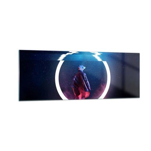 Cuadro sobre vidrio - Impresiones sobre Vidrio - Un personaje en un entorno futurista con un círculo de neón. - 140x50cm - Entre mundos - Decoración de pared moderna para salón y dormitorio ARTTOR