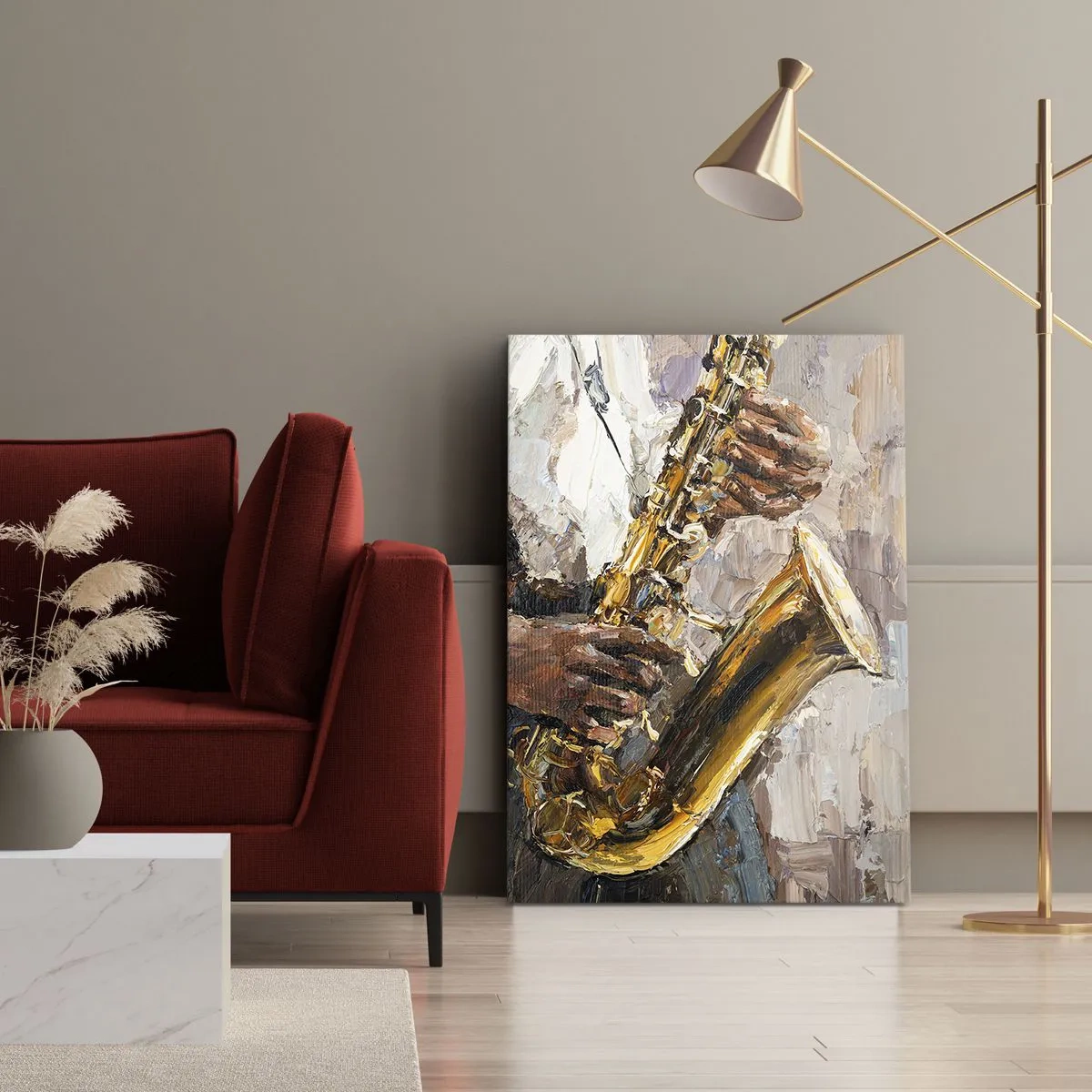 Cuadro sobre lienzo - Impresión de Imagen - Un músico tocando el saxofón con un estilo artístico. - 50x70cm - Llegó el momento del solo - Decoración de pared moderna para salón y dormitorio ARTTOR