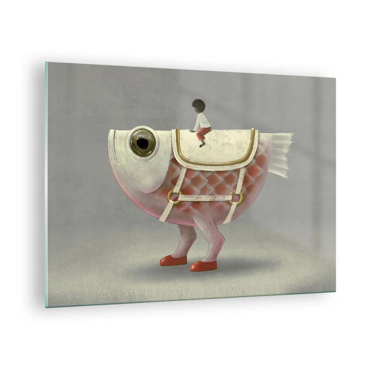 Cuadro sobre vidrio - Impresiones sobre Vidrio - Una figura montando un pez rosa con piernas y una silla de montar. - 70x50cm - Jinete del pescado - Decoración de pared moderna para salón y dormitorio ARTTOR