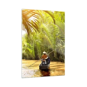 Cuadro sobre vidrio - Impresiones sobre Vidrio - Un barco con un hombre remando navega a través de un desfiladero bordeado de palmeras. - 50x70cm - En un túnel de palmeras - Decoración de pared moderna para salón y dormitorio ARTTOR