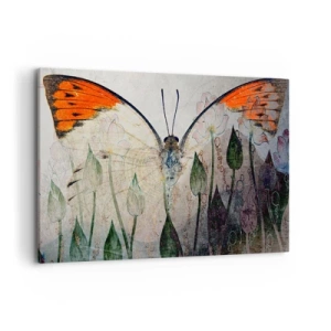Cuadro sobre lienzo - Impresión de Imagen - Una mariposa con alas naranjas sobre un fondo de flores estilizadas. - 120x80cm - Donde la mariposa se mece en la hierba - Decoración de pared moderna para salón y dormitorio ARTTOR