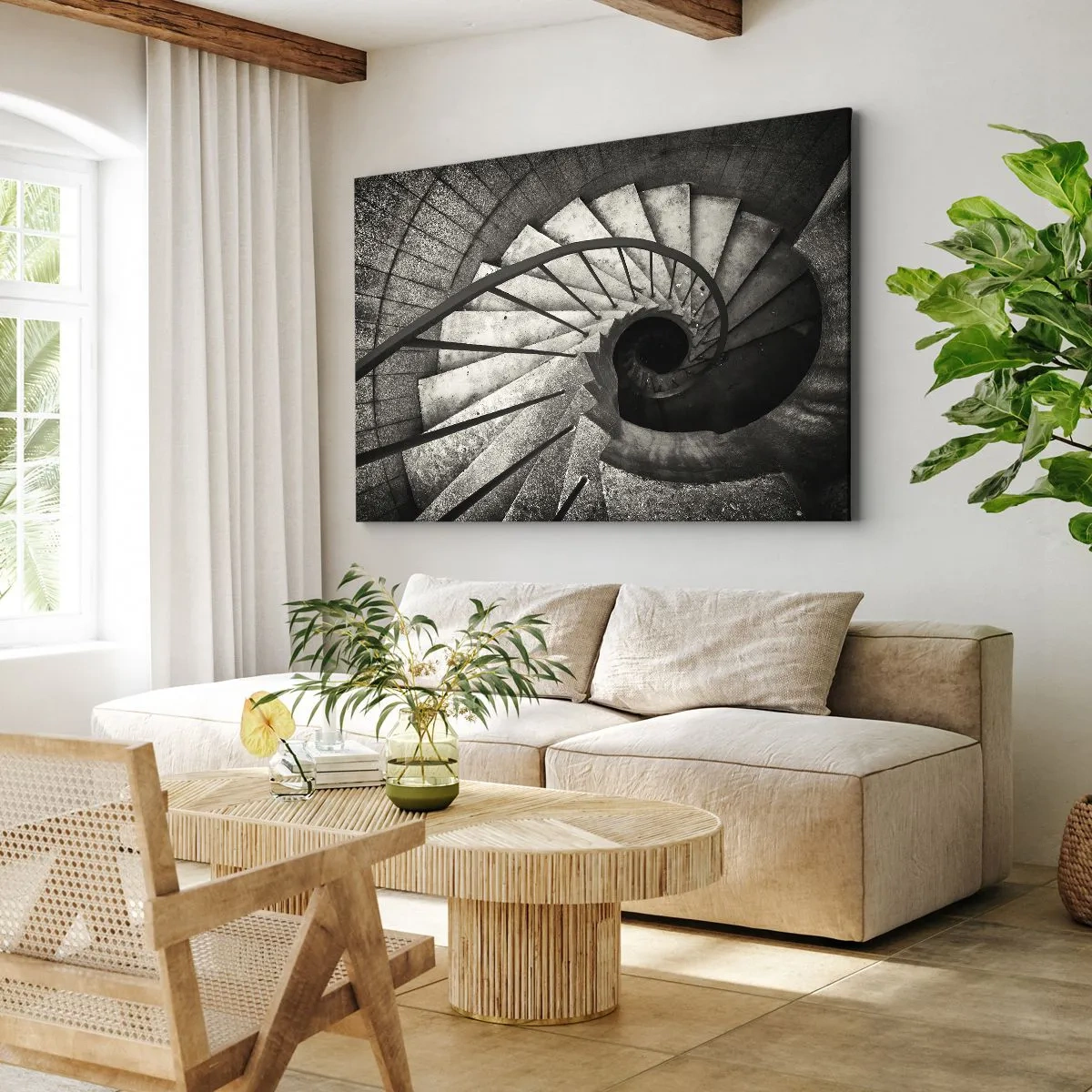 Cuadro sobre lienzo - Impresión de Imagen - Escalera de caracol en blanco y negro de estilo moderno. - 120x80cm - Escaleras arriba, escaleras abajo - Decoración de pared moderna para salón y dormitorio ARTTOR