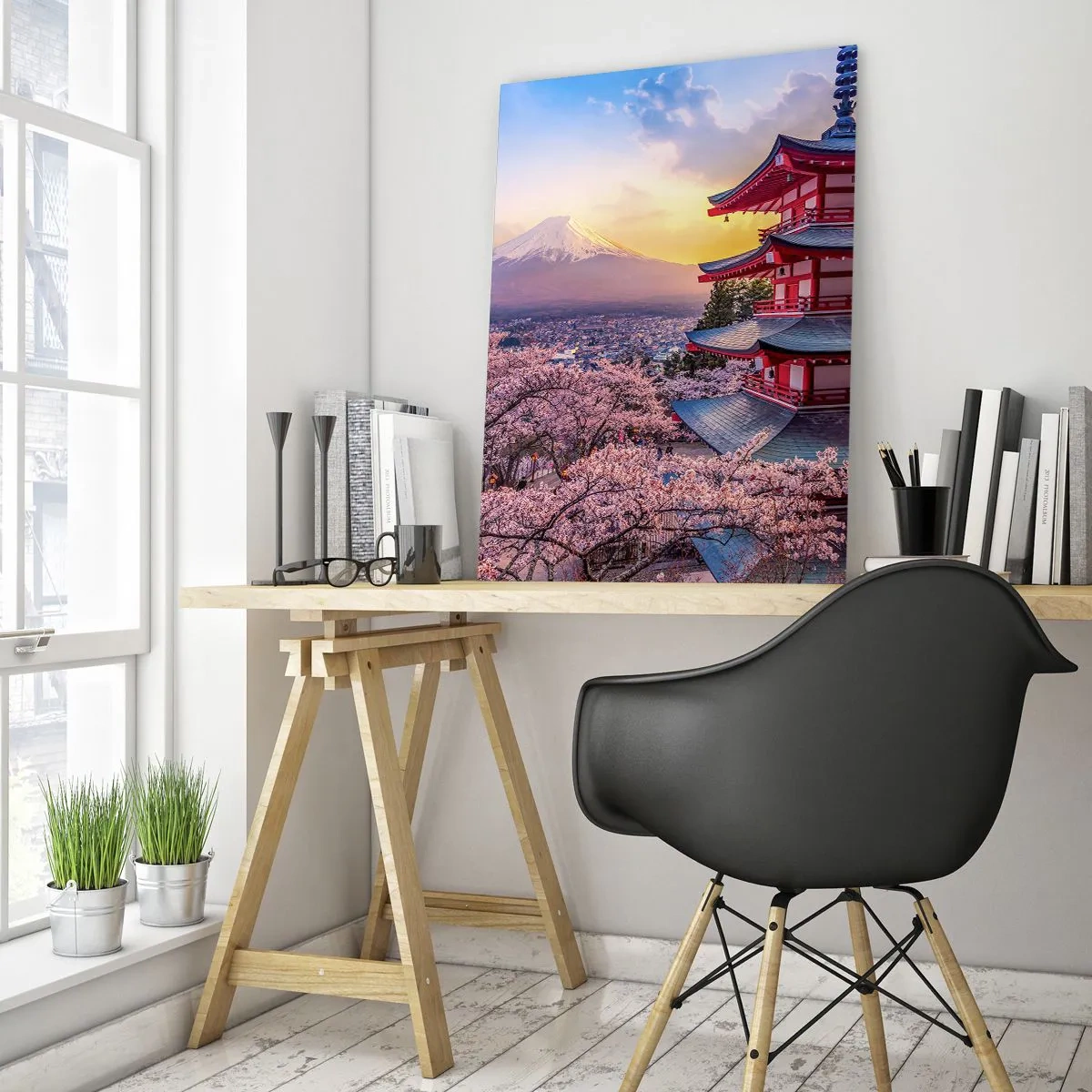 Cuadro sobre vidrio - Impresiones sobre Vidrio - Una pagoda en un paisaje japonés con vistas al monte Fuji y árboles en flor. - 50x70cm - La esencia del espíritu japonés - Decoración de pared moderna para salón y dormitorio ARTTOR