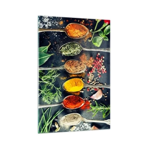 Cuadro sobre vidrio - Impresiones sobre Vidrio - Especias coloridas en cucharas con hierbas en el fondo. - 70x100cm - Magia culinaria - Decoración de pared moderna para salón y dormitorio ARTTOR
