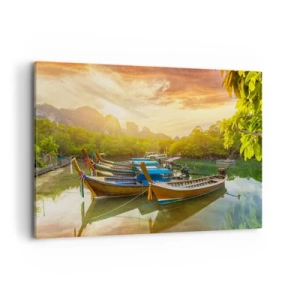Cuadro sobre lienzo - Impresión de Imagen - Barcos tradicionales en aguas tranquilas al atardecer - 120x80cm - Antes de un día ajetreado - Decoración de pared moderna para salón y dormitorio ARTTOR