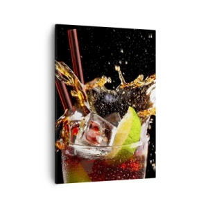 Cuadro sobre lienzo - Impresión de Imagen - Un vaso de bebida, lima y hielo en el momento del chapoteo dinámico. - 50x70cm - Alegría y energía colorida - Decoración de pared moderna para salón y dormitorio ARTTOR