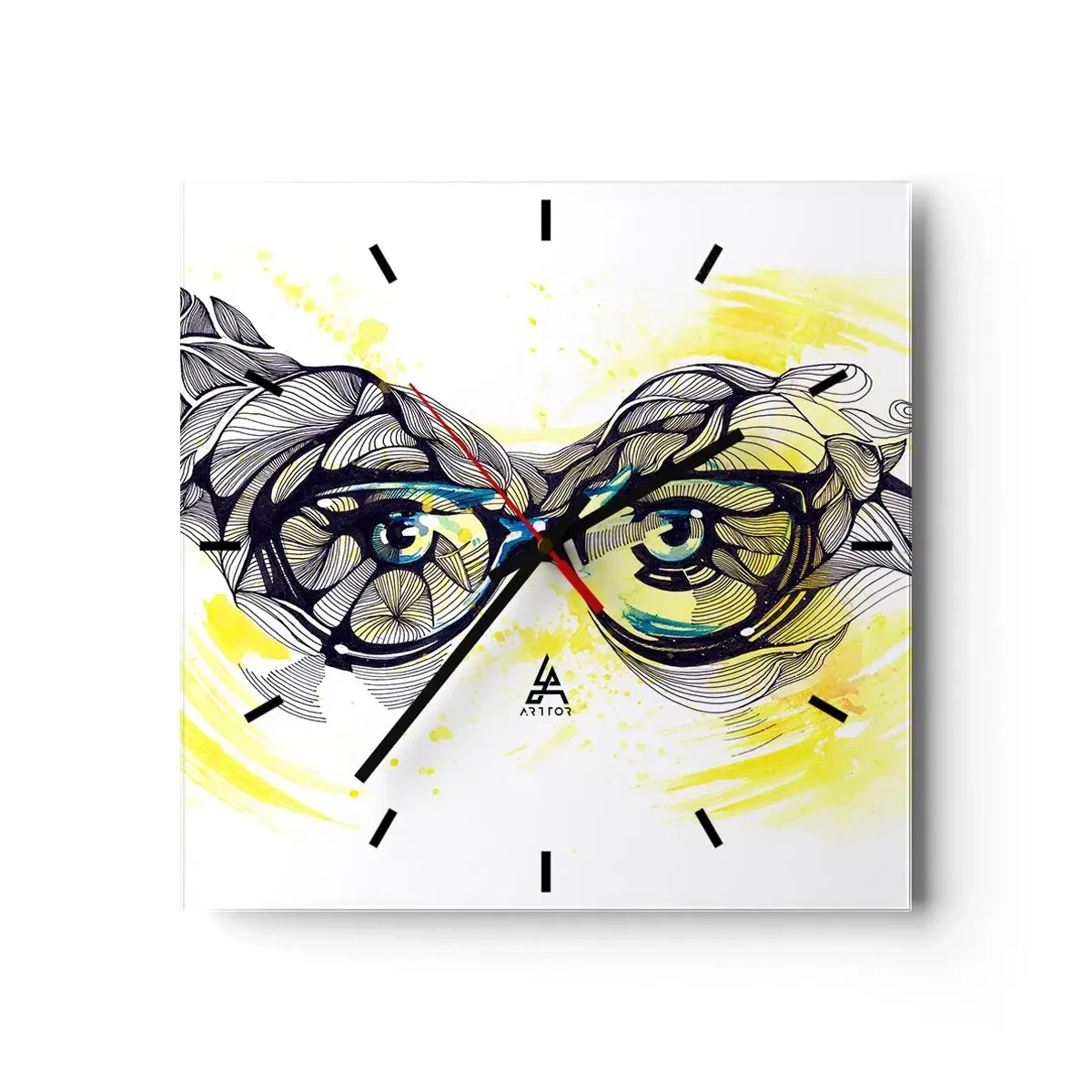 Reloj de pared - Reloj de vidrio - Gráficos artísticos de gafas con ojos expresivos. - 30x30cm - A través de las gafas azules - Decoración de pared moderna para salón y dormitorio ARTTOR