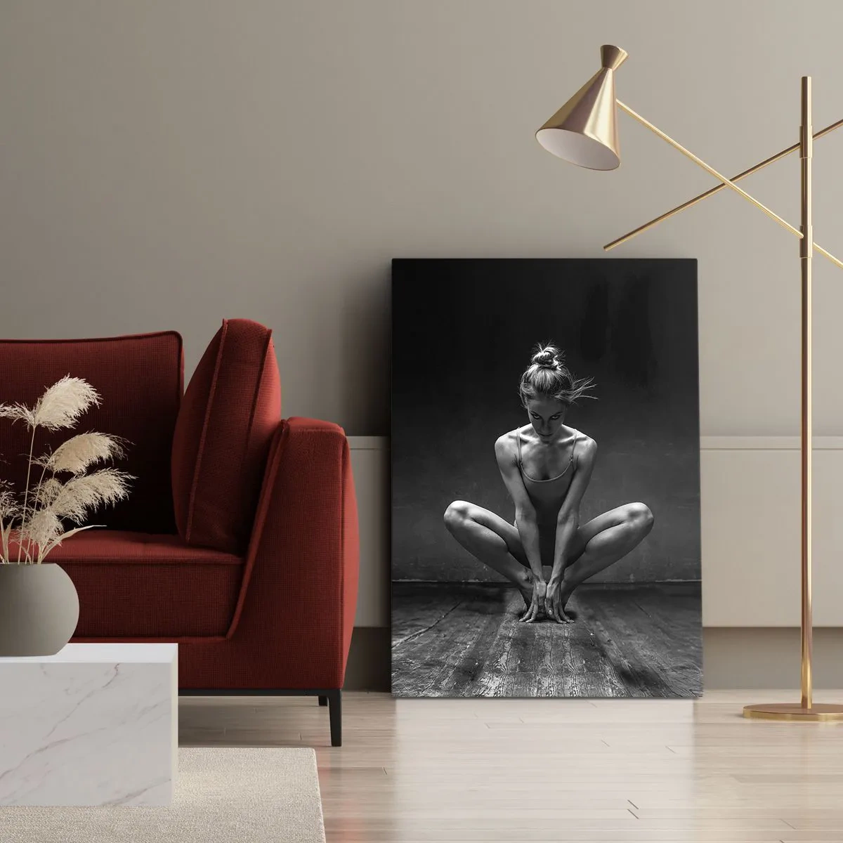 Cuadro sobre lienzo - Impresión de Imagen - Un retrato en blanco y negro de una bailarina en plena concentración. - 70x100cm - Concentración de energía del baile - Decoración de pared moderna para salón y dormitorio ARTTOR