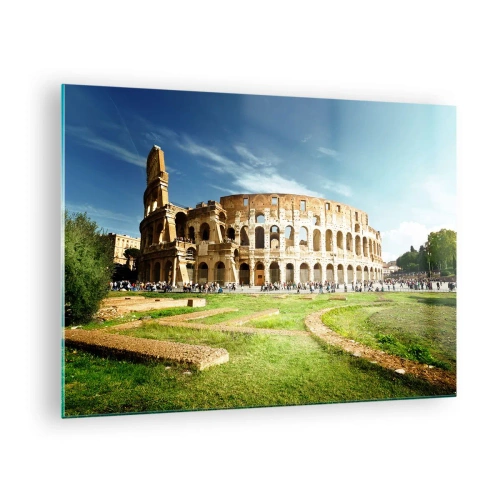 Cuadro sobre vidrio - Impresiones sobre Vidrio - El Coliseo de Roma iluminado por el sol - 70x50cm - Todavía se oye el sonido de las armas - Decoración de pared moderna para salón y dormitorio ARTTOR
