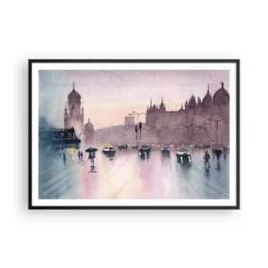 Póster en marco negro - Una calle de la ciudad al anochecer en estilo acuarela. - 100x70cm - En una niebla lluviosa - Decoración de pared moderna para salón y dormitorio ARTTOR
