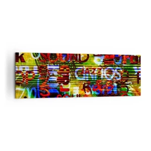 Cuadro sobre lienzo - Impresión de Imagen - Abstracción colorida con inscripciones musicales en estilo pop art. - 160x50cm - Todos los tonos del sonido - Decoración de pared moderna para salón y dormitorio ARTTOR