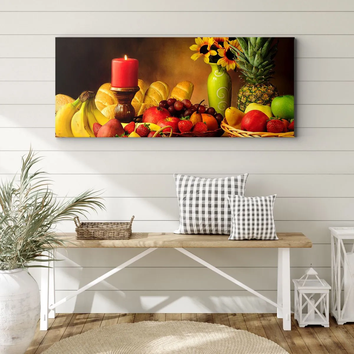 Cuadro sobre lienzo - Impresión de Imagen - Bodegón con fruta, pan, vela y flores. - 140x50cm - Bodegón con pan y fruta - Decoración de pared moderna para salón y dormitorio ARTTOR