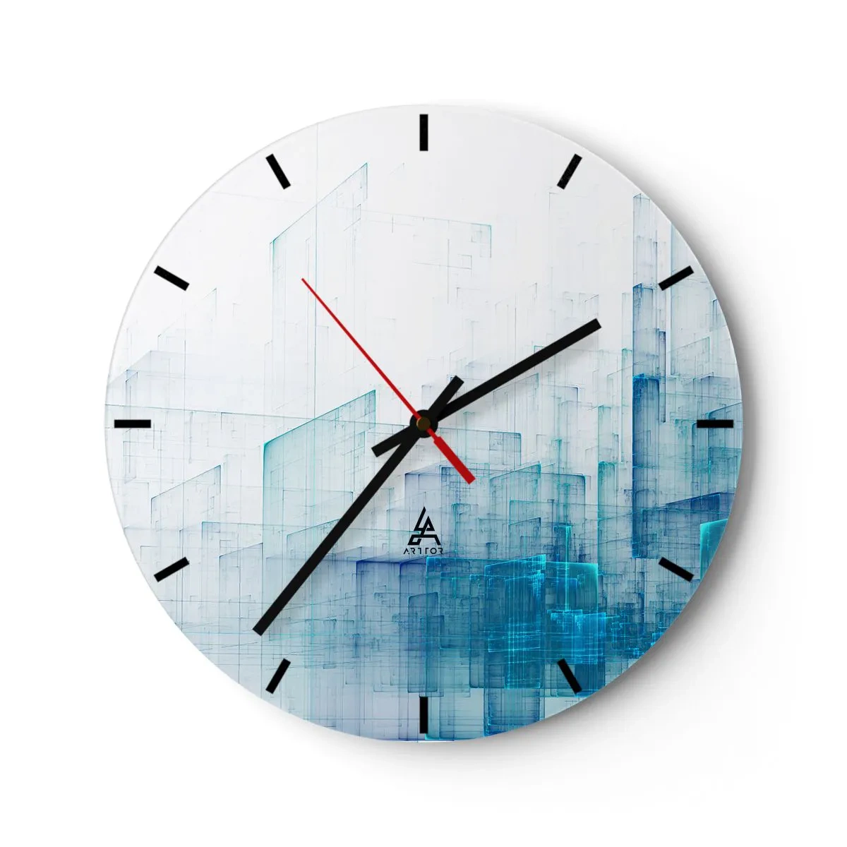 Reloj de pared - Reloj de vidrio - Formas geométricas abstractas en tonos azules sobre un fondo blanco. - 30x30cm - Cómo se hizo el espacio - Decoración de pared moderna para salón, cocina y dormitorio ARTTOR