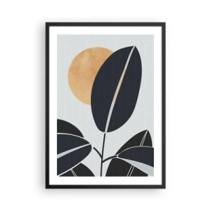 Póster en marco negro - Una composición minimalista de hojas con el sol como fondo. - 50x70cm - Un día de verano caluroso - Decoración de pared moderna para salón y dormitorio ARTTOR