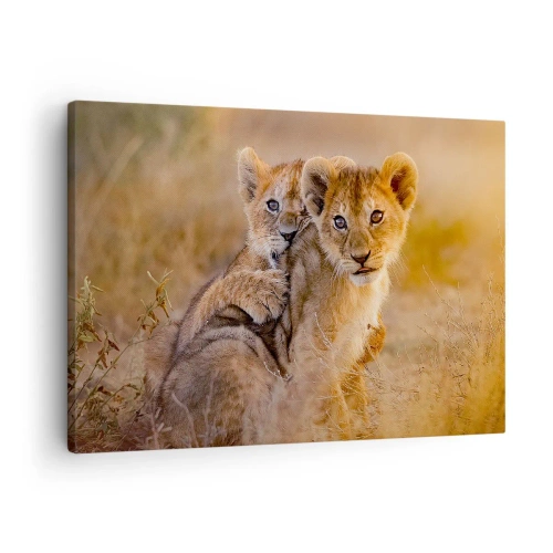 Cuadro sobre lienzo - Impresión de Imagen - Adorables cachorros de león en su entorno natural. - 70x50cm - ¡No molestar! Nos estamos divirtiendo - Decoración de pared moderna para salón y dormitorio ARTTOR