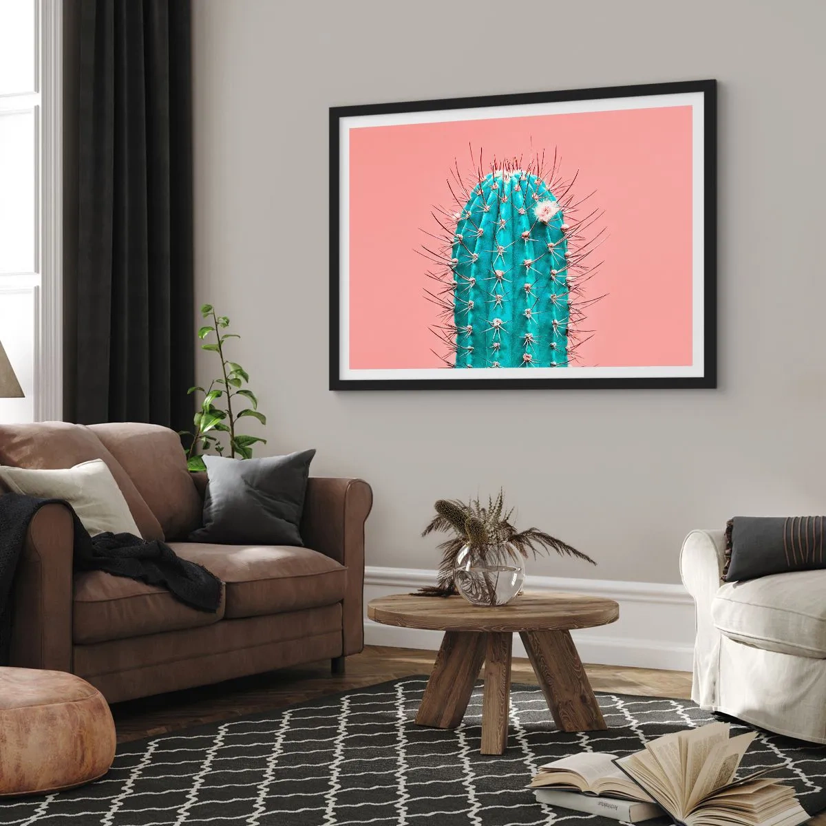 Póster en marco negro - Una versión artística de un cactus sobre un fondo rosa. - 70x50cm - Se mira, pero no se toca - Decoración de pared moderna para salón y dormitorio ARTTOR