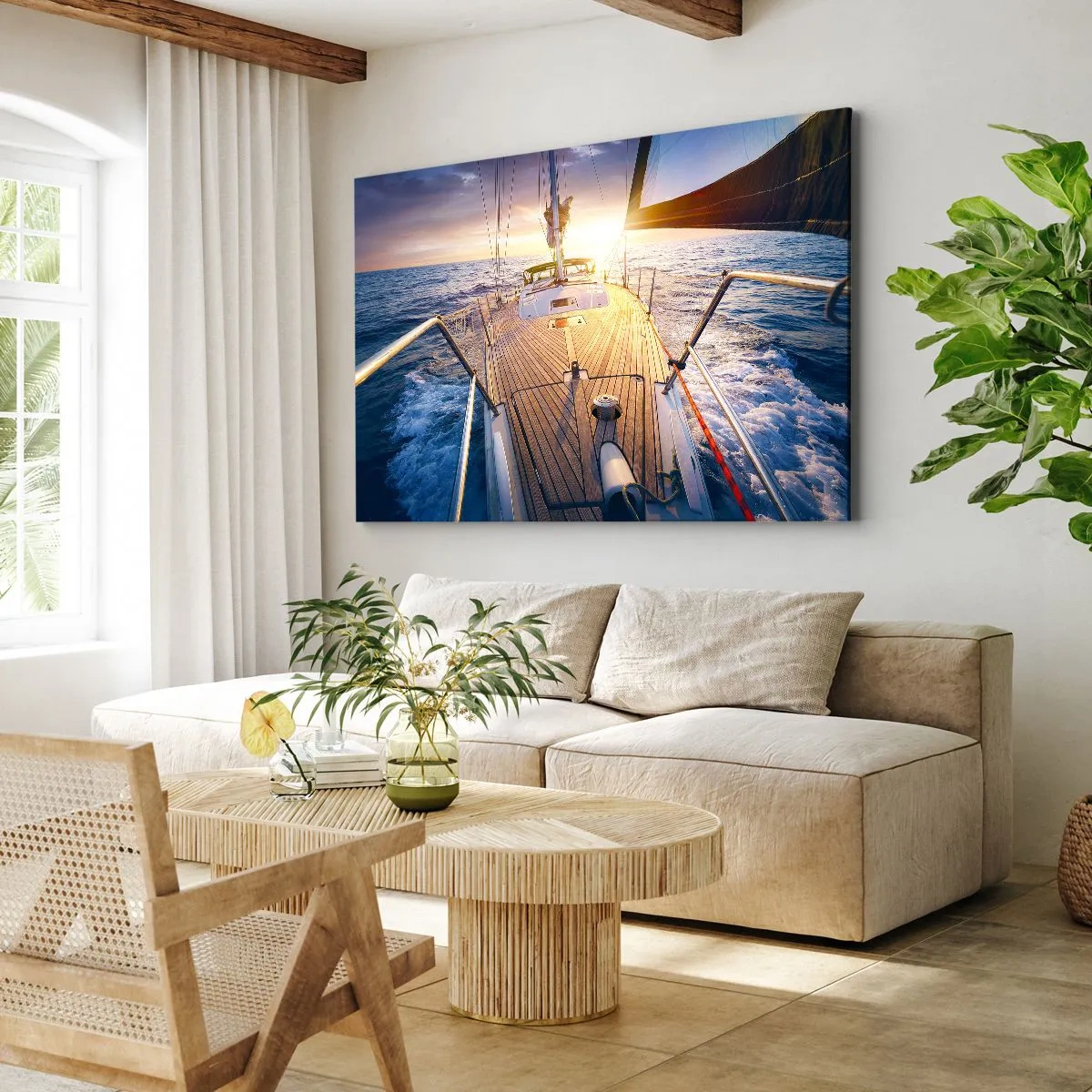 Cuadro sobre lienzo - Impresión de Imagen - Yate en el mar durante la puesta de sol - 70x50cm - Corriendo sobre las olas - Decoración de pared moderna para salón y dormitorio ARTTOR