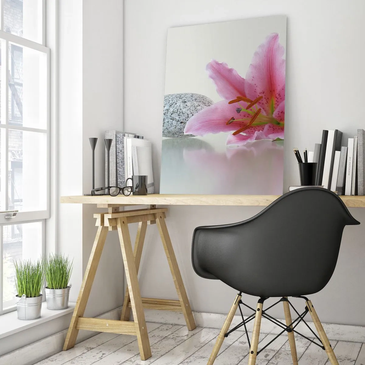 Cuadro sobre vidrio - Impresiones sobre Vidrio - Flor de lirio rosa con piedras sobre un fondo claro. - 70x100cm - Estudio en rosa, gris y blanco - Decoración de pared moderna para salón y dormitorio ARTTOR