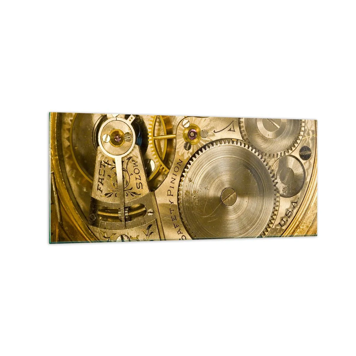Cuadro sobre vidrio - Impresiones sobre Vidrio - Mecanismo de reloj con engranajes y detalles visibles. - 120x50cm - Siga el ritmo de los tiempos - Decoración de pared moderna para salón y dormitorio ARTTOR