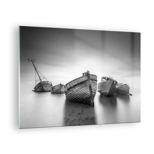 Cuadro sobre vidrio - Impresiones sobre Vidrio - Barcos abandonados en aguas tranquilas en blanco y negro - 70x50cm - Ahora solo quedan los recuerdos... - Decoración de pared moderna para salón y dormitorio ARTTOR