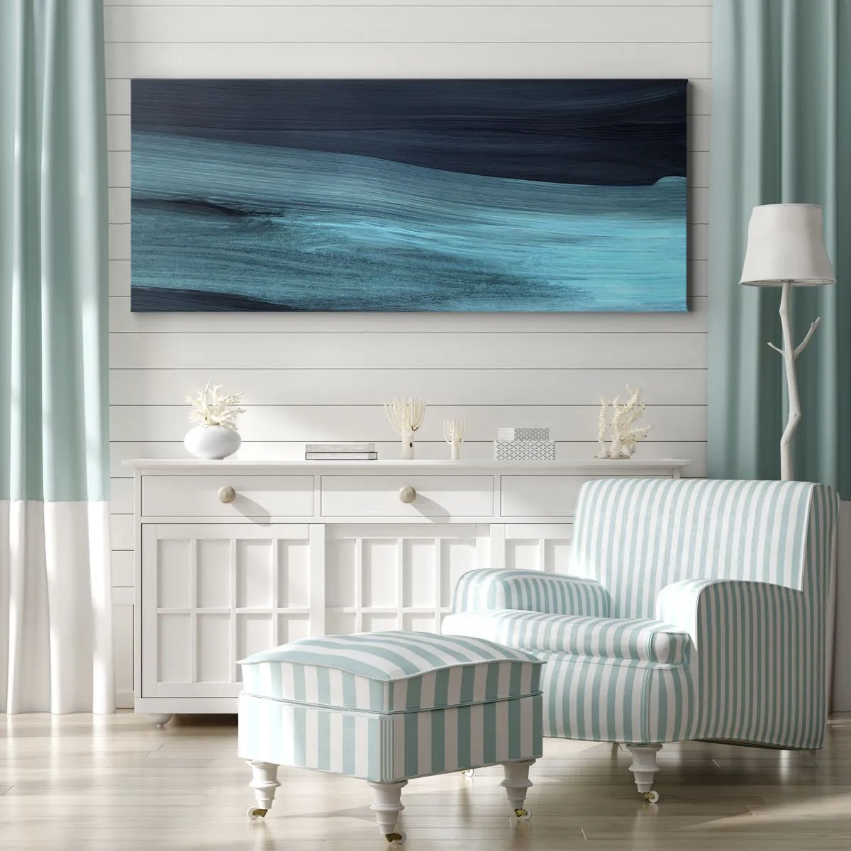 Cuadro sobre lienzo - Impresión de Imagen - Ondas abstractas sutiles en tonos oscuros de azul. - 140x50cm - Nadar con la corriente - Decoración de pared moderna para salón y dormitorio ARTTOR