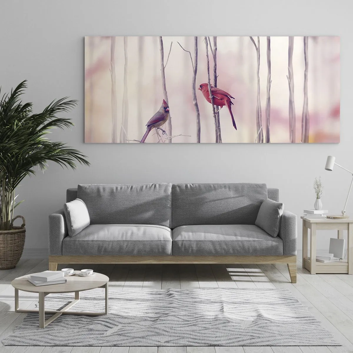 Cuadro sobre vidrio - Impresiones sobre Vidrio - Una pareja de cardenales posados en las ramas en un paisaje pastel. - 140x50cm - Historia de un bosque rosa - Decoración de pared moderna para salón y dormitorio ARTTOR