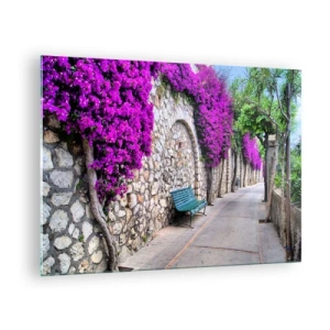 Cuadro sobre vidrio - Impresiones sobre Vidrio - Un muro de piedra con flores violetas y un banco a lo largo del camino. - 70x50cm - Punto de reunión - Decoración de pared moderna para salón y dormitorio ARTTOR