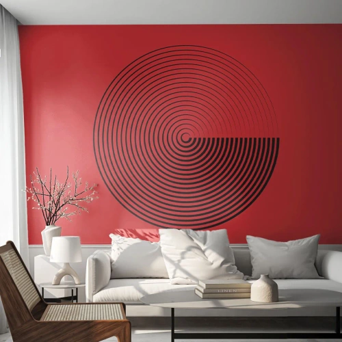 Fotomural Premium Sand - Una espiral negra sobre un fondo rojo en forma de círculo. - 100x70cm - Movimiento circular - Decoración de pared moderna para salón y dormitorio ARTTOR