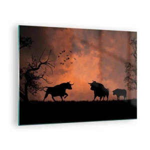 Cuadro sobre vidrio - Impresiones sobre Vidrio - Siluetas de toros contra un cielo naranja al atardecer - 70x50cm - Espectáculo dramático de la naturaleza - Decoración de pared moderna para salón y dormitorio ARTTOR