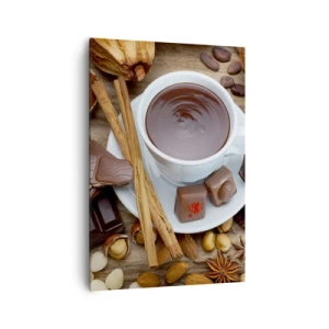 Cuadro sobre lienzo - Impresión de Imagen - Una taza de chocolate caliente rodeada de ingredientes de postre. - 70x100cm - Chocolate de ensueño - Decoración de pared moderna para salón y dormitorio ARTTOR