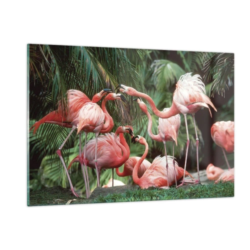 Cuadro sobre vidrio - Impresiones sobre Vidrio - Flamencos entre vegetación tropical en colores vivos. - 120x80cm - Cotilleos de la tarde - Decoración de pared moderna para salón y dormitorio ARTTOR