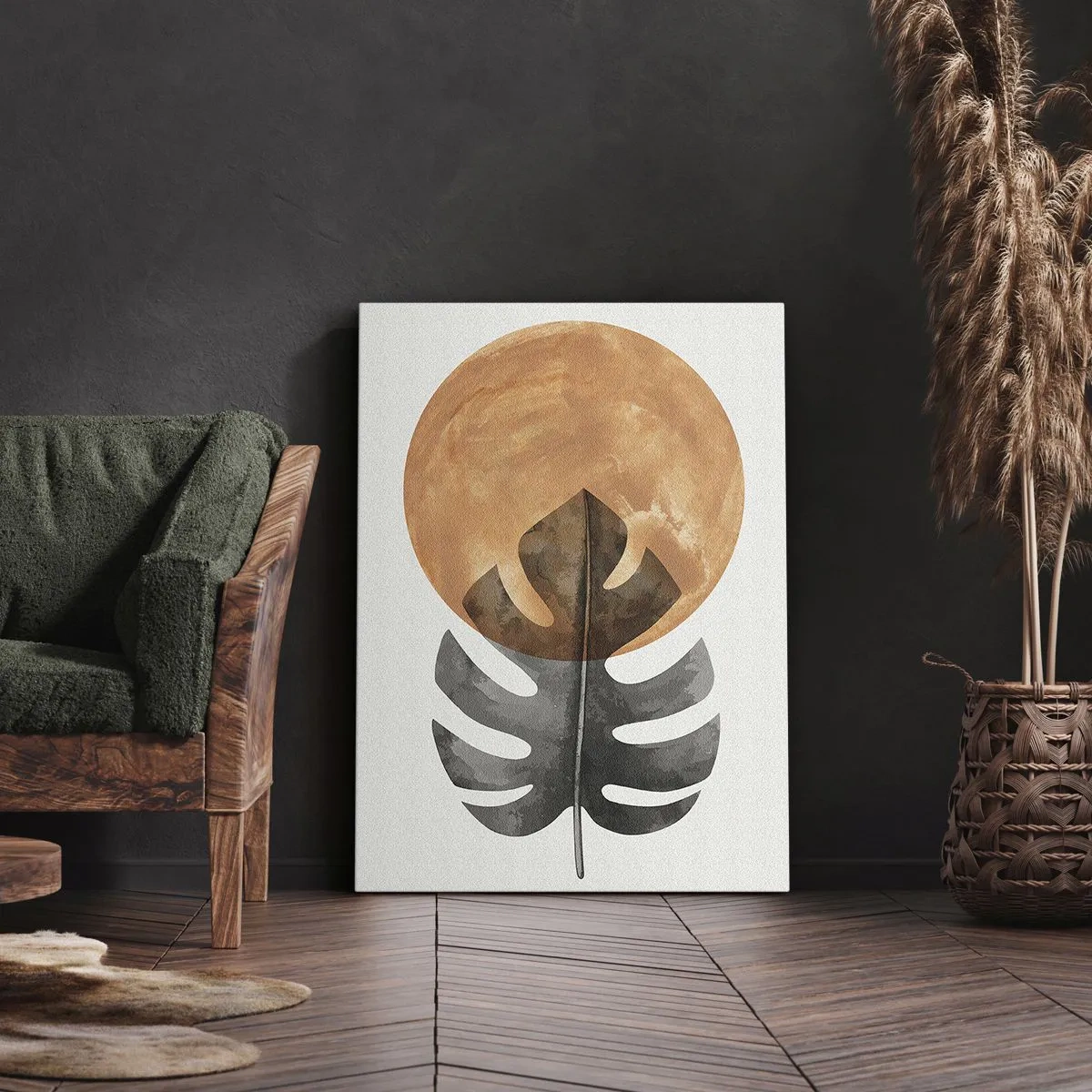 Cuadro sobre lienzo - Impresión de Imagen - Hoja de monstera y círculo dorado sobre un fondo claro - 50x70cm - Siempre el sol - Decoración de pared moderna para salón y dormitorio ARTTOR