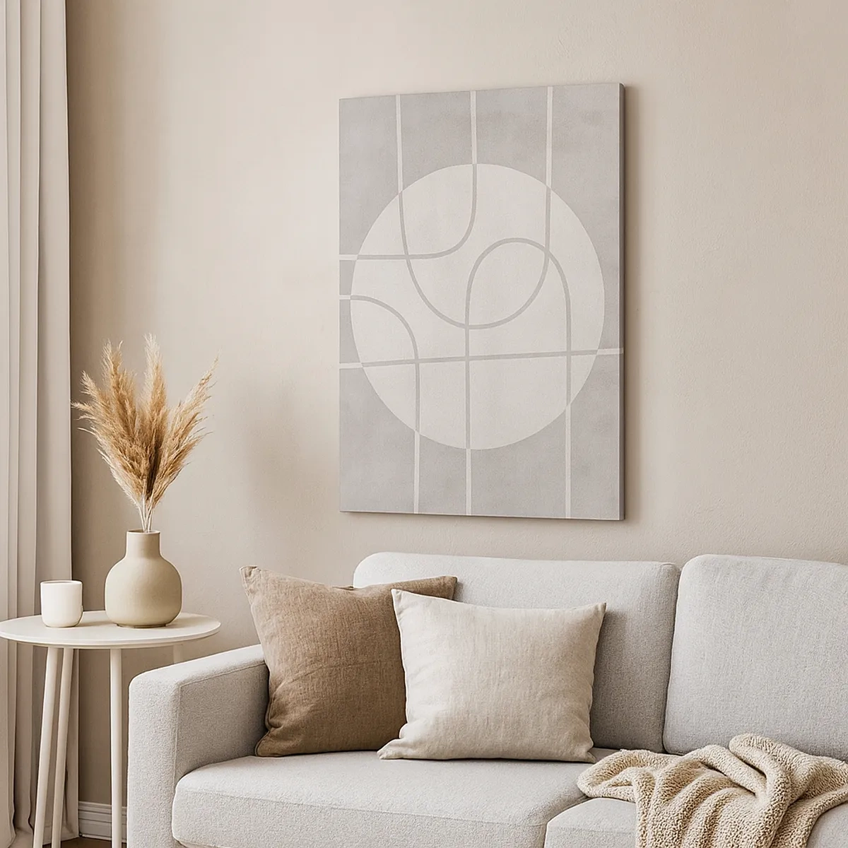 Cuadro sobre lienzo - Impresión de Imagen - Patrón geométrico en tonos grises y blancos. - 50x70cm - Circular y rectilíneo - Decoración de pared moderna para salón y dormitorio ARTTOR