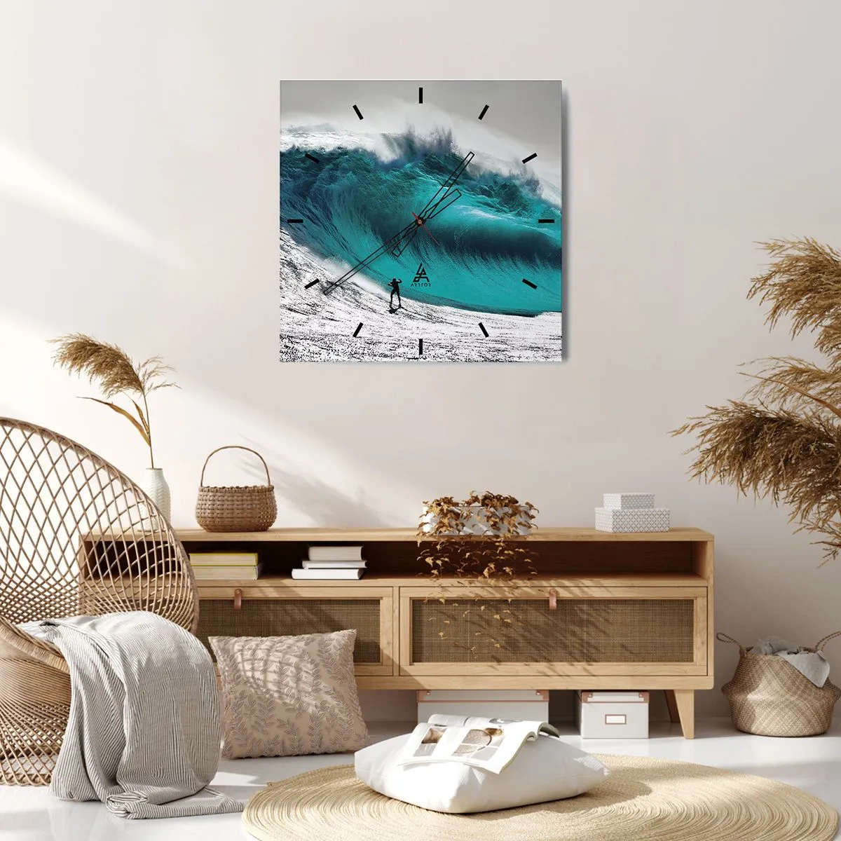 Reloj de pared - Reloj de vidrio - Surfista frente a una ola gigante - 30x30cm - Reto aceptado - Decoración de pared moderna para salón y dormitorio ARTTOR