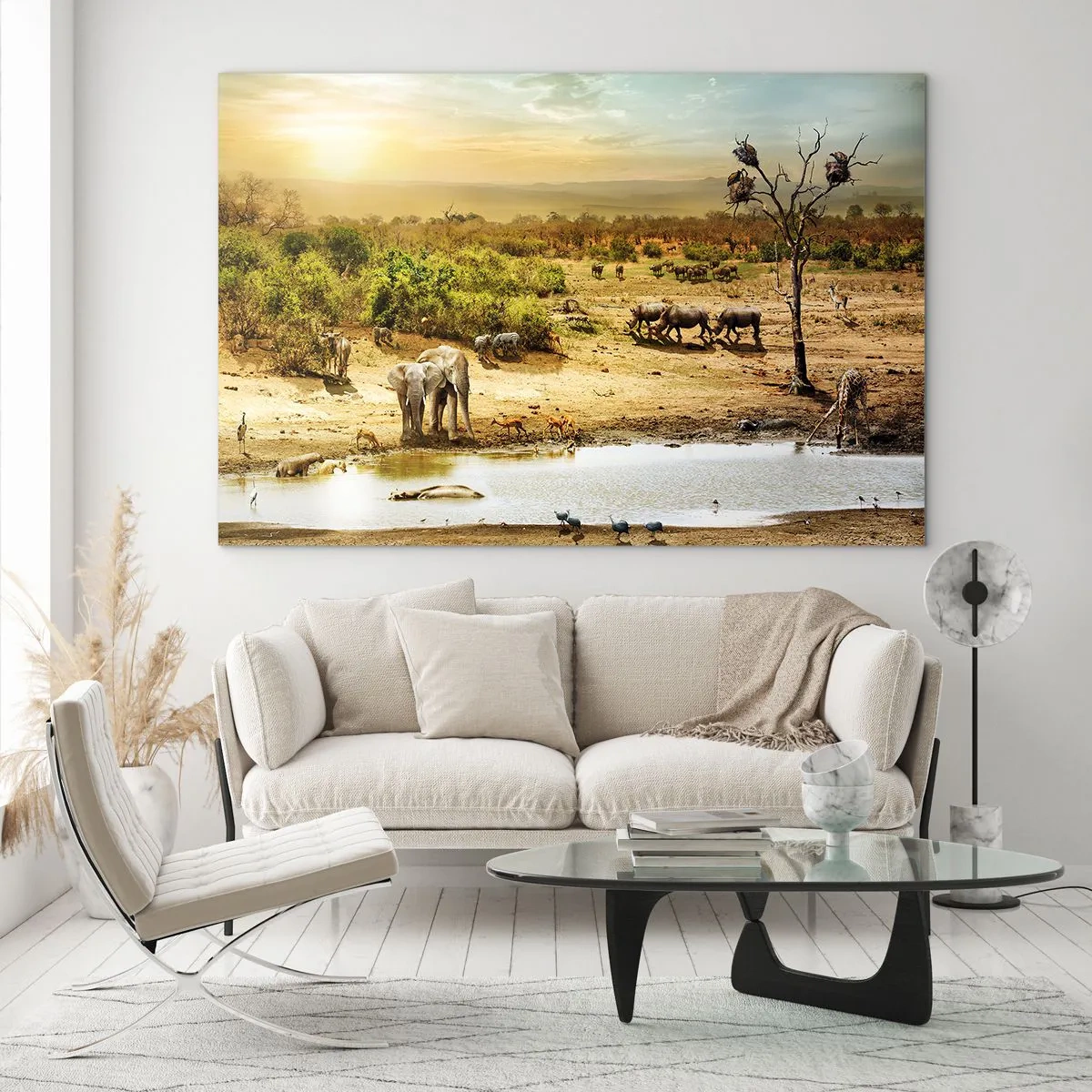 Cuadro sobre vidrio - Impresiones sobre Vidrio - Elefantes y animales en un abrevadero con un paisaje africano como telón de fondo. - 70x50cm - Y del Edén fluyó un río... - Decoración de pared moderna para salón y dormitorio ARTTOR