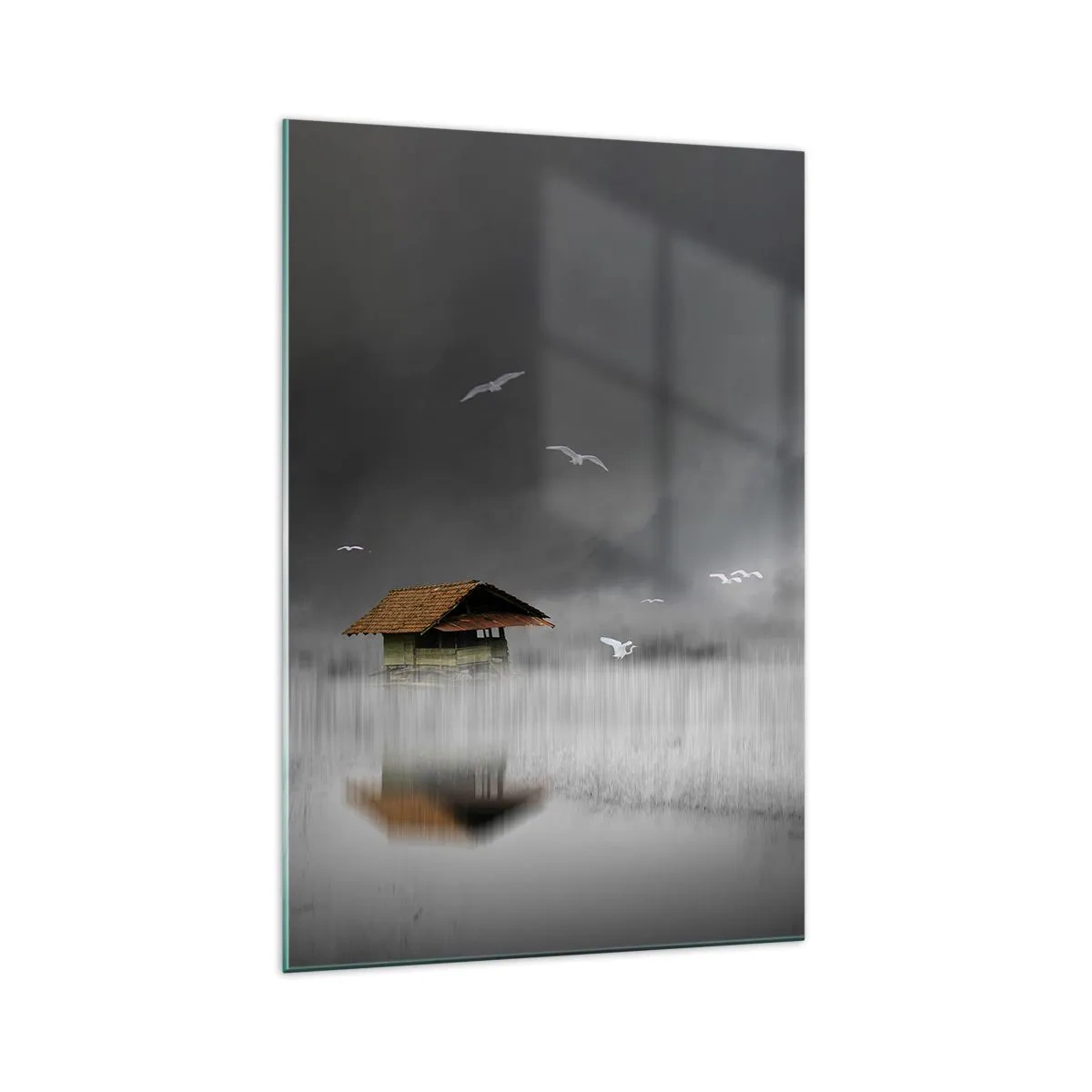 Cuadro sobre vidrio - Impresiones sobre Vidrio - Una cabaña solitaria sobre el agua rodeada de niebla y pájaros. - 70x100cm - Resguardo de la lluvia - Decoración de pared moderna para salón y dormitorio ARTTOR