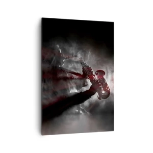 Cuadro sobre lienzo - Impresión de Imagen - Saxofonista en humo en el escenario en negro y rojo atmosférico - 70x100cm - En el vapor del jazz - Decoración de pared moderna para salón y dormitorio ARTTOR