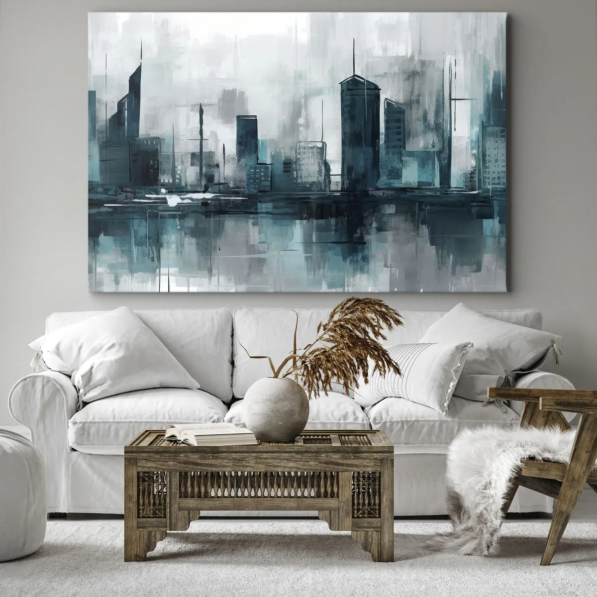 Cuadro sobre lienzo - Impresión de Imagen - Una ciudad moderna en tonos turquesa y gris. - 70x50cm - Ciudad color lluvia - Decoración de pared moderna para salón y dormitorio ARTTOR