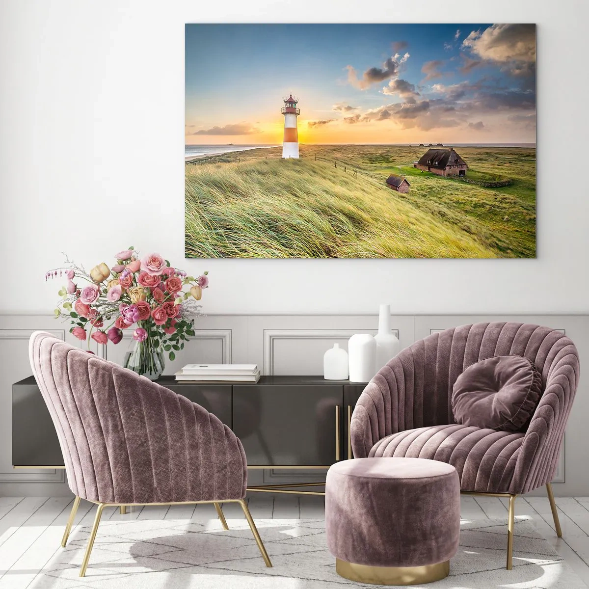 Cuadro sobre vidrio - Impresiones sobre Vidrio - Un faro al atardecer sobre un mar tempestuoso - 120x80cm - Entre las olas - Decoración de pared moderna para salón y dormitorio ARTTOR