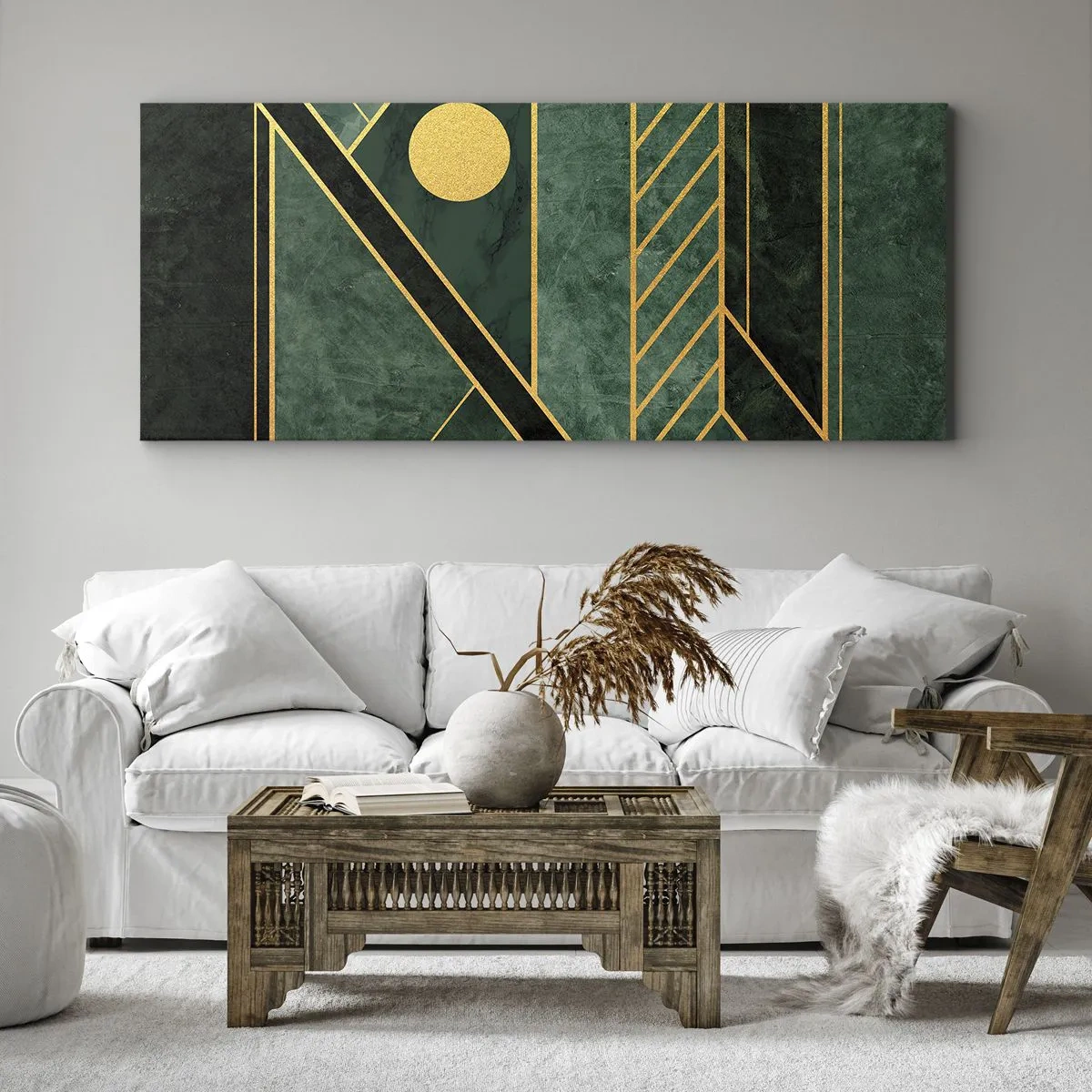 Cuadro sobre lienzo - Impresión de Imagen - Diseño geométrico verde y dorado con un patrón elegante. - 120x50cm - La dinámica del oro y el azul - Decoración de pared moderna para salón y dormitorio ARTTOR