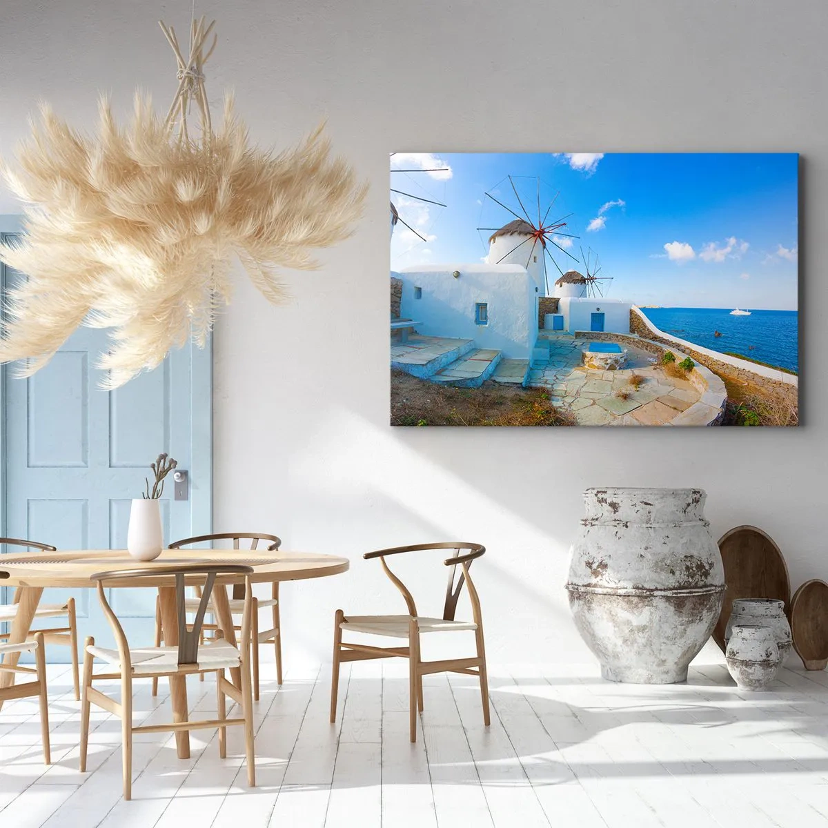Cuadro sobre lienzo - Impresión de Imagen - Molinos de viento blancos en las orillas del mar azul - 120x80cm - Viento azul marino - Decoración de pared moderna para salón y dormitorio ARTTOR