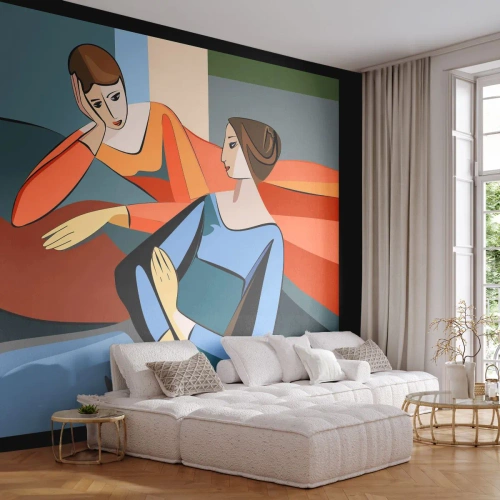 Fotomural Premium Sand - Una representación cubista de dos mujeres conversando. - 100x70cm - Un momento de confidencias - Decoración de pared moderna para salón y dormitorio ARTTOR