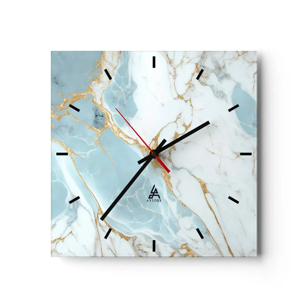 Reloj de pared - Reloj de vidrio - Patrones de mármol azul y blanco con vetas doradas añadidas. - 30x30cm - Riqueza en la piedra - Decoración de pared moderna para salón y dormitorio ARTTOR