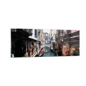 Cuadro sobre vidrio - Impresiones sobre Vidrio - Un canal en Venecia con una góndola y edificios históricos. - 140x50cm - Paisaje veneciano con góndola y puente - Decoración de pared moderna para salón y dormitorio ARTTOR