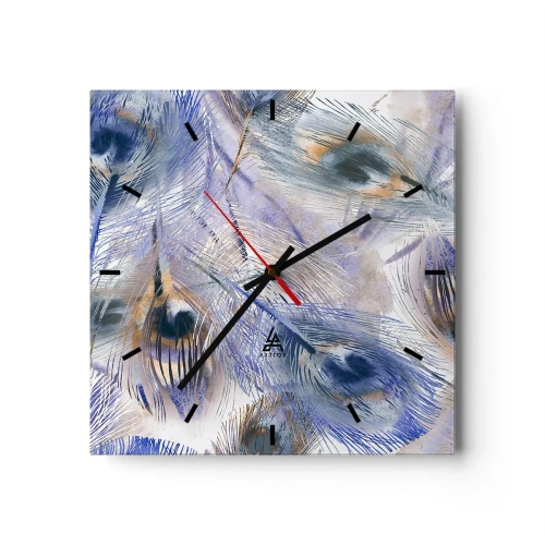 Reloj de pared - Reloj de vidrio - Un patrón con plumas de pavo real en tonos azules y dorados. - 30x30cm - Composición - Decoración de pared moderna para salón y dormitorio ARTTOR